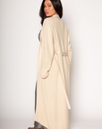 Tan Crochet knit longline cardigan. Open front. Tie waist. Unlined. long cardigan