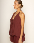 brown Relaxed style halter top
Adjustable halter neck tie
Front and back tie closures
Fully lined