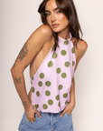 Polka dot printed halter top
Button closure neck strap
Fixed back straps
Lined
green and pink polka dot halter top
going out top
summer going out top