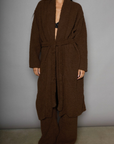 Faux sherpa longline cardigan. Long sleeves. Open front. Tie waist. Unlined. teddy bear sherpa robe cardigan. cozy lounge outfit. fall outfit. winter outfit. lazy at home outfit