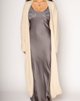 Tan Crochet knit longline cardigan. Open front. Tie waist. Unlined. long cardigan