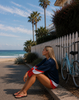 red white and blue USA jersey
Long sleeve
Embroidered American flag
Unlined
4th of july outfit