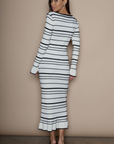 Faux fur striped ribbed knit maxi dress. Square neckline. Long sleeves. Unlined. fuzzy maxi dress. holiday look. holiday dress. white and black stripe dress