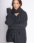 Marled crochet knit oversized sweater
V-neckline
Long sleeves with cuffed hems
Detachable matching scarf
grey oversized knit sweater with scarf