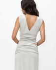 grey V neck tank top
V neckline in front and back
Ruched detailing
Unlined
Length: 21"
Rayon/Spandex