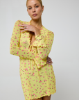 yellow Floral printed long sleeve mini dress
Deep v neckline
Ruffle trim
Tie keyhole
Fully lined in our soft mesh fabric