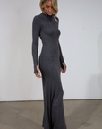 Ribbed knit maxi dress. Turtleneck. Long sleeves. Unlined. grey turtleneck maxi dress. fall dress. friendsgiving dress. thanksgiving dress.