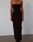 Knit maxi dress. Strapless neckline. Ruched front. Side slit. Partially lined. dark brown maxi dress. fall outfit. fall dress.