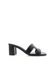 Low stacked block heel mule
Open square toe
Single wide strap on upper with cut-out detailing
Statement contrast stitching detailing
Open heel counter
