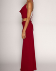 Halter crop top. Adjustable neck and back tie strap. Cowl neck. Partially lined. Maxi skirt. Hidden side zipper. Lined. red skirt set. cherry red skirt set. going out set. nice dinner set. summer outfit. spring outfit.