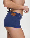 blue Denim bikini shorts
Medium coverage
White stitching
Back leather patch