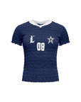 Graphic printed elastic smocked crop top. V-neckline. Short sleeves. Contrast detailing. navy tee. lioness scrunched graphic tee