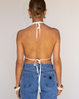 cream white Chiffon woven smocked halter top
Adjustable neck and back tie
Ruffle detail
Backless
Partially lined/sheer
bachelorette top outfit
going out top outfit
white tank top