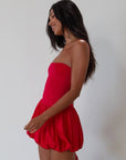 Sleeveless dress. Knit bodice. Woven bubble skirt. Elastic hem. Fully lined. red bubble dress. red mini dress. red mini bubble dress. summer dress. going out dress