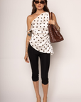 Satin polka dot tunic top
One shoulder
Asymmetrical hemline
Twisted shoulder strap
Side zipper closure
Unlined
white and brown polka dot one shoulder top
going out top
polka dot top