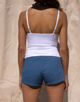 denim blue mini shorts. stagecoach shorts outfit. country concert outfit