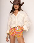 Striped swim short
Elastic waistband
Lined
rainbow colored shorts
bikini cover up
bikini shorts
striped multicolored micro shorts