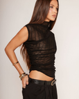 Black Sheer mock neck tank top
Asymmetrical hem
Side cinch
Unlined/Sheer
sheer going out top