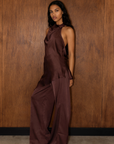 brown Satin set
brown high neck halter top
low back
brown satin wide leg pant
Elastic waistband
unlined