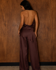 brown Satin set
brown high neck halter top
low back
brown satin wide leg pant
Elastic waistband
unlined