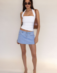 Low rise denim mini skirt
Finished with wheat stitching, silver metal trims and tan patch
Raw edge
summer mini skirt
going out mini denim skirt