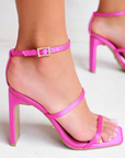 Tiaka by Billini is a classic bridal block heel. Heel height 10.5cm.
pink strappy square toe heel
high shaved block heel
open square toe
medium, flat twin strap on upper
T-ankle strap with adjustable buckle fastening
diamante encrusted buckle detailing
satin finish
exposed heel counter
synthetic lining and outsole
