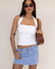 Low rise denim mini skirt
Finished with wheat stitching, silver metal trims and tan patch
Raw edge
summer mini skirt
going out mini denim skirt