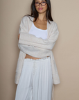 Fuzzy marled knit cardigan. Open front. Long sleeves. Front pockets. tan robe cardigan. cream robe cardigan. cute comfy outfit. cream cardigan. winter cardigan. fall cardigan