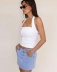 Low rise denim mini skirt
Finished with wheat stitching, silver metal trims and tan patch
Raw edge
summer mini skirt
going out mini denim skirt
