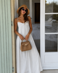 white Maxi dress
Adjustable spaghetti straps
Sweetheart neckline
Back zipper closure
Lined