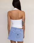 Low rise denim mini skirt
Finished with wheat stitching, silver metal trims and tan patch
Raw edge
summer mini skirt
going out mini denim skirt