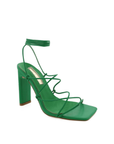 Vegan leather green lace up heel. Open square toe.
high shaved block heel
open square toe
thin flat toe strap
crossover over strappy upper
wrap around lace up ankle strap
exposed heel counter
synthetic upper, lining and outsole
Heel height 10.5cm.