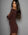 brown Ribbed knit ruched dress. Long sleeves. Unlined. brown mini dress. brown mini long sleeve dress. fall dress. winter dress