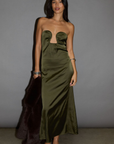 Satin maxi dress. Strapless elastic neckline with inner rubber grip lining. Front wire detail. Side hook and eye and zipper closures. Unlined. olive maxi dress. holiday look. holiday outfit. holiday dress. christmas outfit. christmas dress. new years dress.