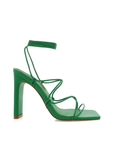 Vegan leather green lace up heel. Open square toe.
high shaved block heel
open square toe
thin flat toe strap
crossover over strappy upper
wrap around lace up ankle strap
exposed heel counter
synthetic upper, lining and outsole
Heel height 10.5cm.