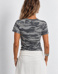 grey Camo short sleeve top
Contrast crew neckline
Short sleeve
Unlined