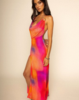 Mesh maxi dress
Cowl neck
Adjustavle crossback straps
Front O ring
Side high slit
Partially lined
sunset colored maxi dress
going out maxi dress
miami maxi dress