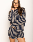 TOP
Striped long sleeve top
Crewneck top
BOTTOM
Striped mini shorts
Elastic waistband
Adjustable drawstring
navy and taupe striped short and long sleeve top
cute lounge wear