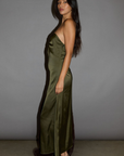 Satin maxi dress. Strapless elastic neckline with inner rubber grip lining. Front wire detail. Side hook and eye and zipper closures. Unlined. olive maxi dress. holiday look. holiday outfit. holiday dress. christmas outfit. christmas dress. new years dress.