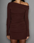 brown Ribbed knit ruched dress. Long sleeves. Unlined. brown mini dress. brown mini long sleeve dress. fall dress. winter dress