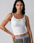 Ribbed knit tank top. Elastic neckline. Unlined. Basic tank top. white tank top. basic white tank top