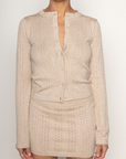 TOP
tan Knit eyelet cardigan
Scollop trim
Front button closure
Unlined
SKIRT
tan Knit eyelet mini skirt
Scallop trim
Elastic waistband
Unlined
summer knit set
spring knit set