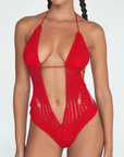 Hand-crocheted one piece swimsuit
Made from a superior blend of luxe yarn and rayon
Hand-dyed
red crochet one piece swim