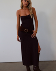 Knit maxi dress. Strapless neckline. Ruched front. Side slit. Partially lined. dark brown maxi dress. fall outfit. fall dress.