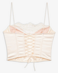 cream Sleek satin bustier with lace detailing
Fully boned bodice
Adjustable lace-up back
Skinny tie bow
Rosette adornments
Lined at cups
Adjustable shoulder straps
Polyester/Elastane
cream ligneire bustier top