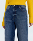 High rise and relaxed baggy silhouette
The slouchy fit sits comfortably while the structured shape maintains intentional proportions
Rigid non-stretch denim
Waist: 26" Length: 31" Rise: 11.5"
Cotton
blue denim high waisted jeans