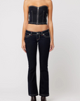 Structured strapless bustier crop top
Dark rinse wash
Sculpted princess neckline
Front zip closure
Contrast stitching
Stretch denim
Make sure to buy it tight or true to size as the denim will relax over time
Length: 10.5"
Cotton/Polyester/Elastane