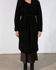 Black Faux sherpa longline coat. Faux fur collar neckline. Front snap button closure. Tie waist. Side pockets. Back slit. Fully lined. long coat. coat for new york. fall coat. fall outfit