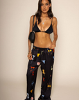 Satin wide leg pants
Bikini graphic printed
Elastic waistband with faux tie
Faux back pocket
Unlined
black bikini graphic pants
beach cover up
swim cover up