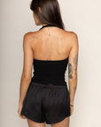 black Jersey knit halter top
Ruched bodice
Lined
basic black halter top